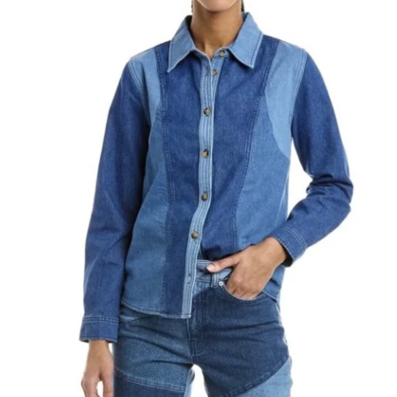 Ba&sh Ianis Mixed Denim Long Sleeve Button Front Collared Shirt Sz L - Picture 2 of 11